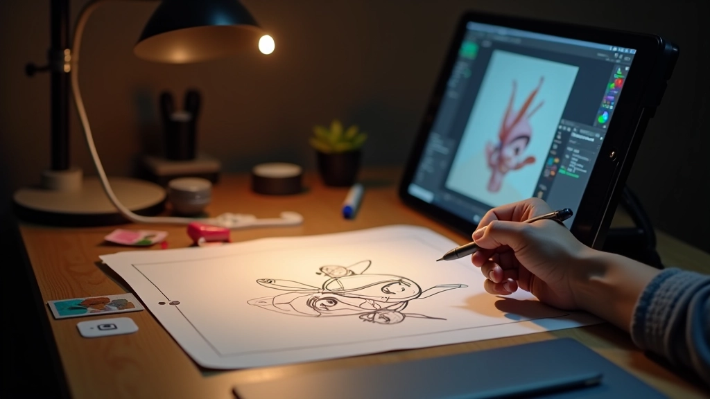 Close-up of character animation sketches and digital design tools on animation desk