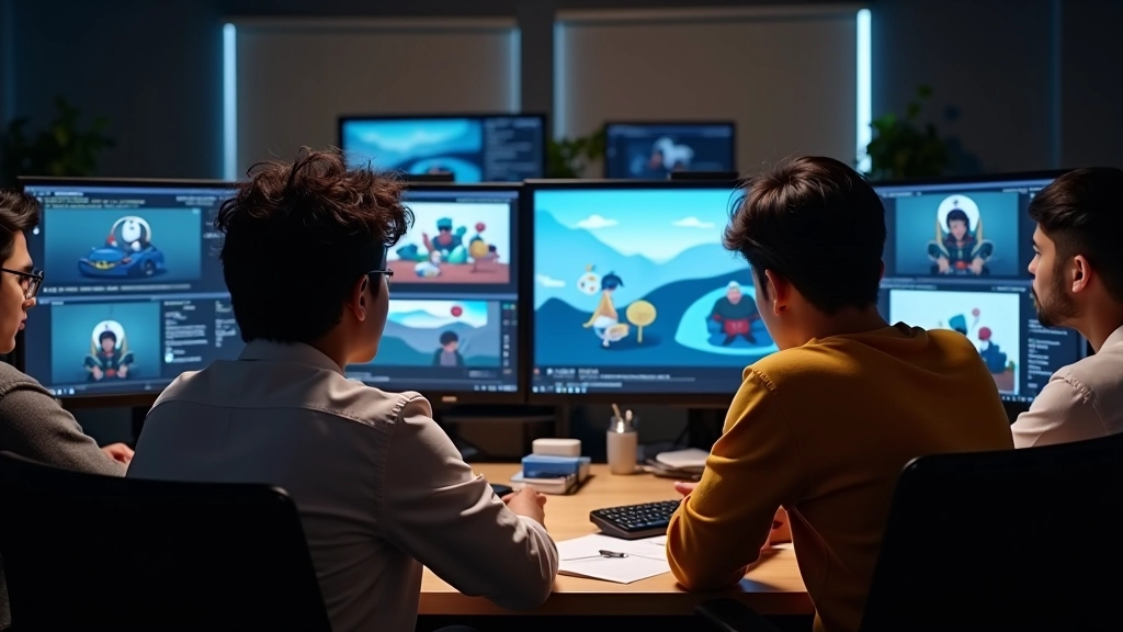 Animation production team reviewing frames on large monitors with AI-generated content displayed alongside hand-drawn artwork